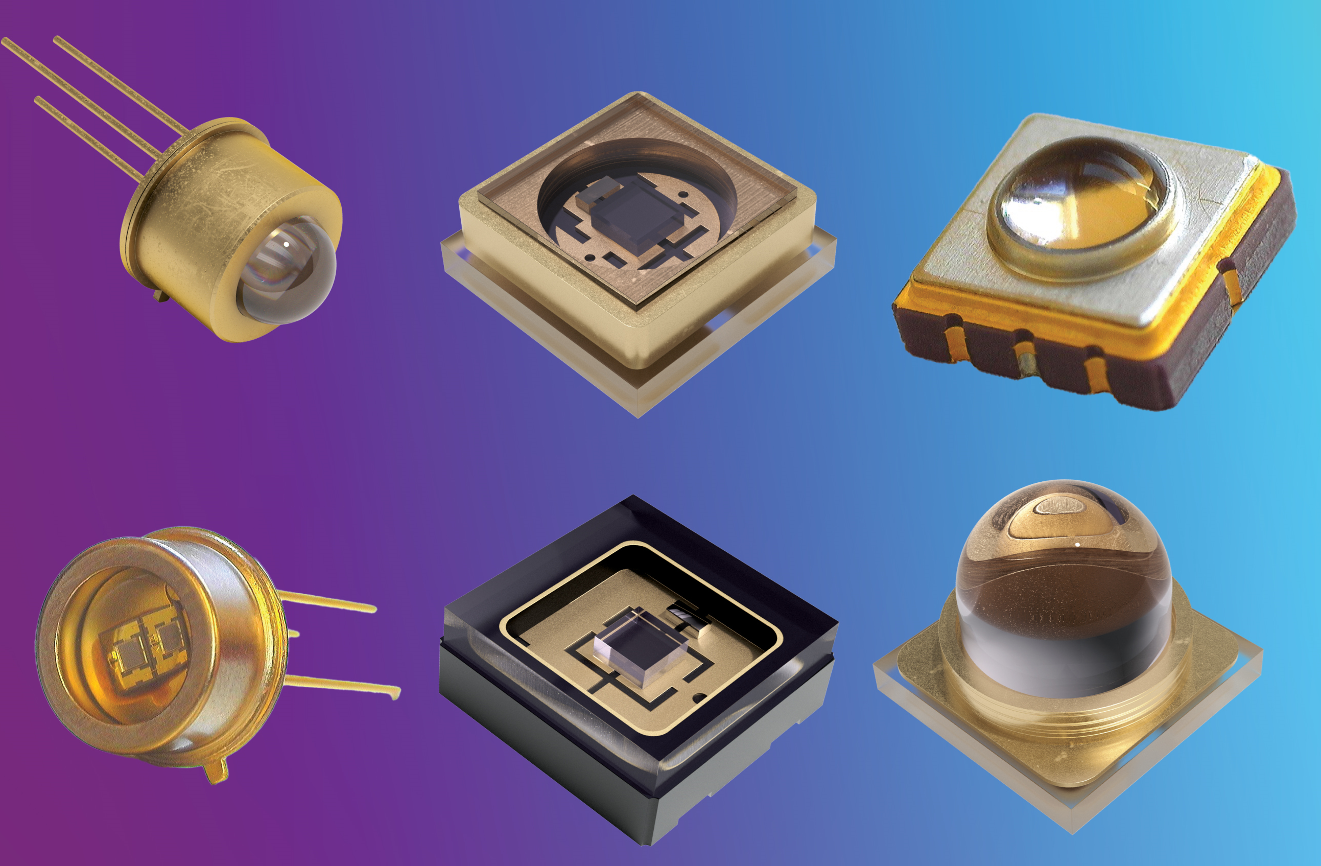 Images of various UVC LEDs in several different package types. Examples of Marktech's deep UVC LEDs (235nm, 255nm), which were recognized as a finalist in Cleantech / Sustainability category of Best of Sensors 2024 competition
